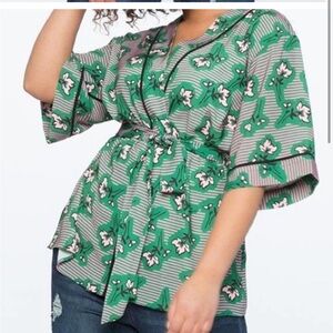 ELOQUII Green Pink Floral Kimono Tie Waist Top Plus size